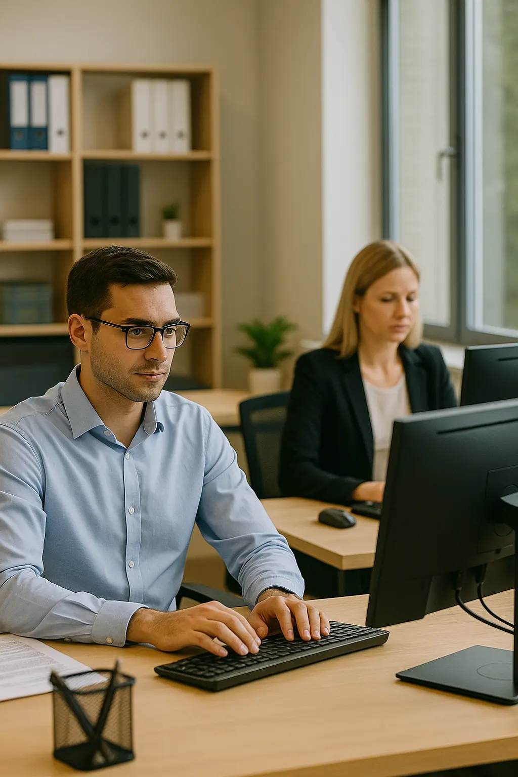 Real estate tax expert working on a computer